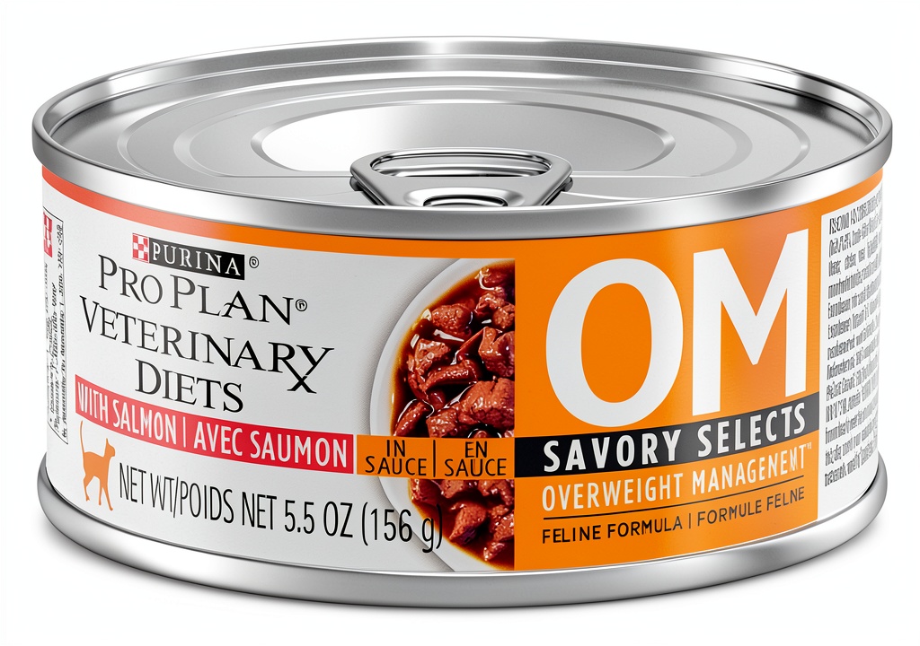 Cat owner opening a Purina Pro Plan Veterinary Diets Weight Management cat food can on a kitchen counter
