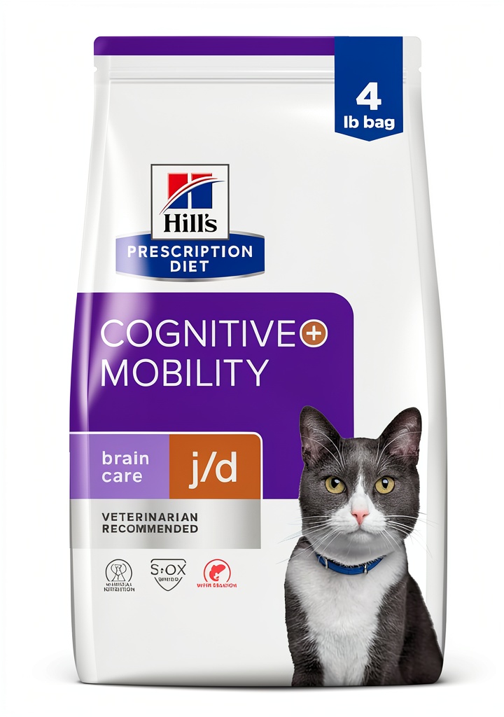 Hill's Prescription Diet Brain Care + j/d Dry Cat Food package showing nutritional information