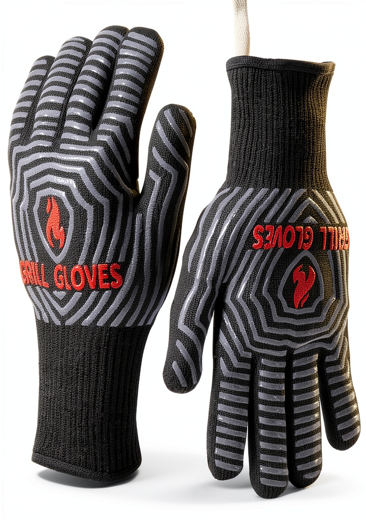 QUWIN BBQ gloves in use on a grill showing heat resistance