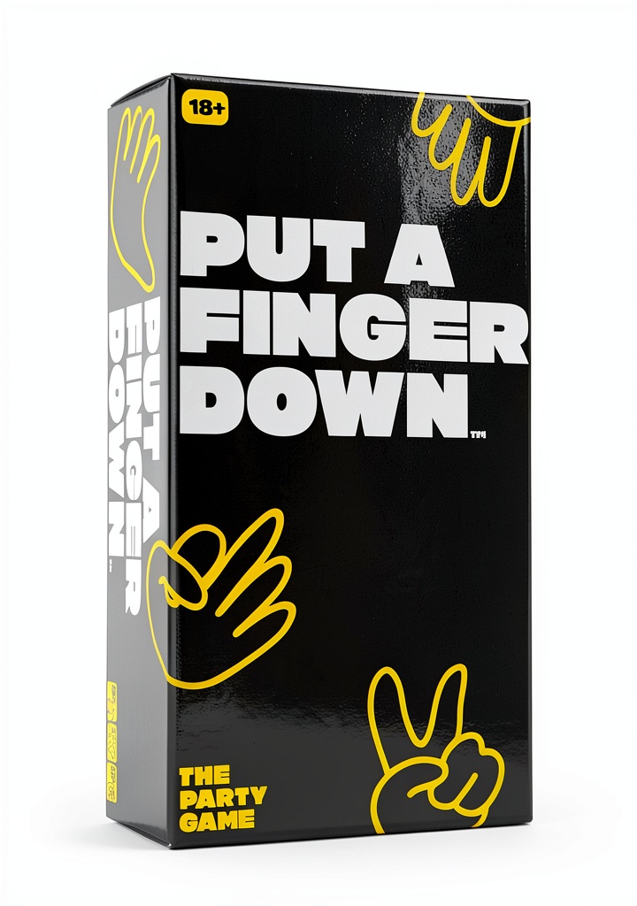 Put A Finger Down card game box and components displayed on a table