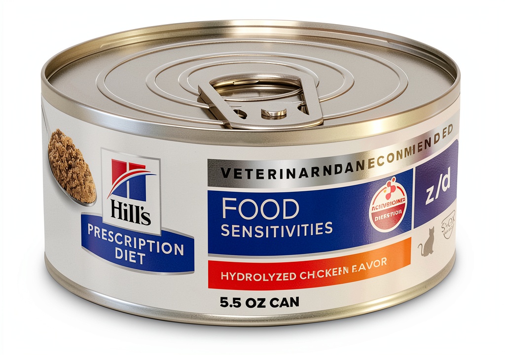 Hills z/d Hydrolyzed Wet Cat Food can packaging on a counter