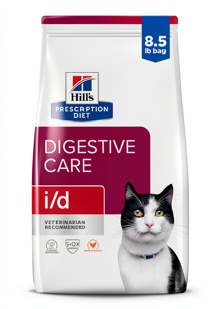 Hill's Prescription Diet i/d Dry Cat Food packaging showing ingredients and feeding guidelines
