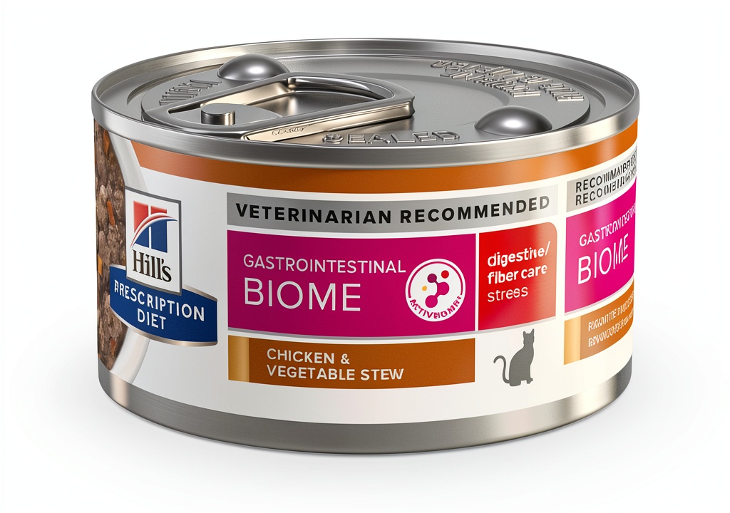 Hill's Prescription Diet cat food can showing chicken and vegetable stew