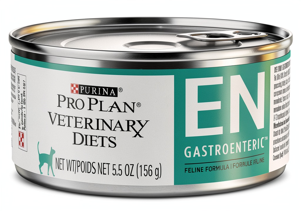 Purina Veterinary Diet cat food can displayed on a kitchen counter