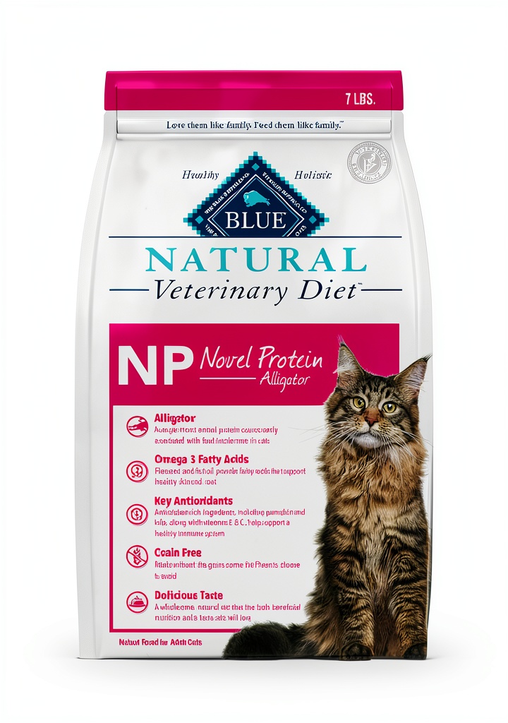 Installing Blue Buffalo Veterinary Diet Alligator Cat Food Sensitive on a kitchen counter