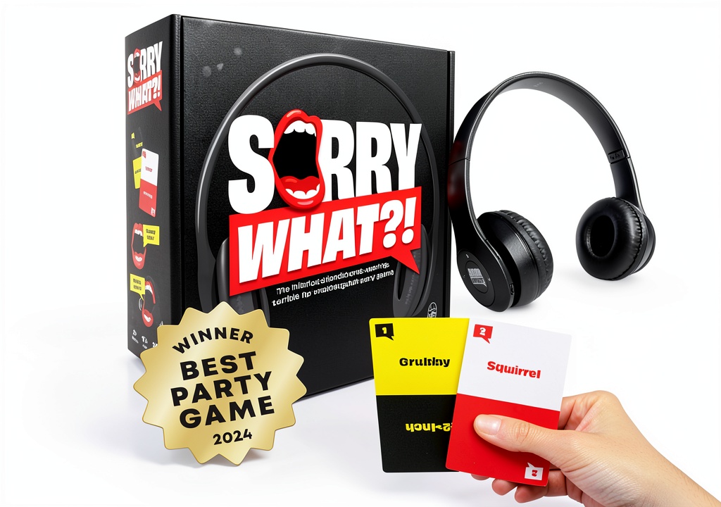 'Sorry What lip reading game with headphones and cards on a table'