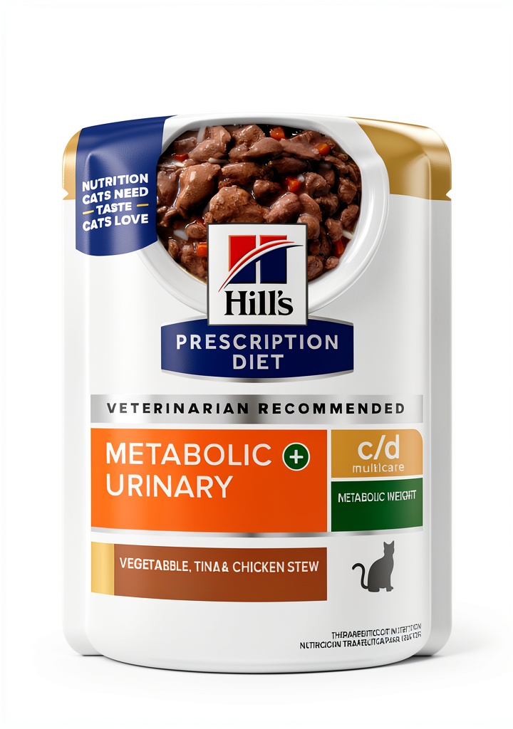 Installing Hill's c/d Multicare + Metabolic Weight canned cat food on a kitchen counter