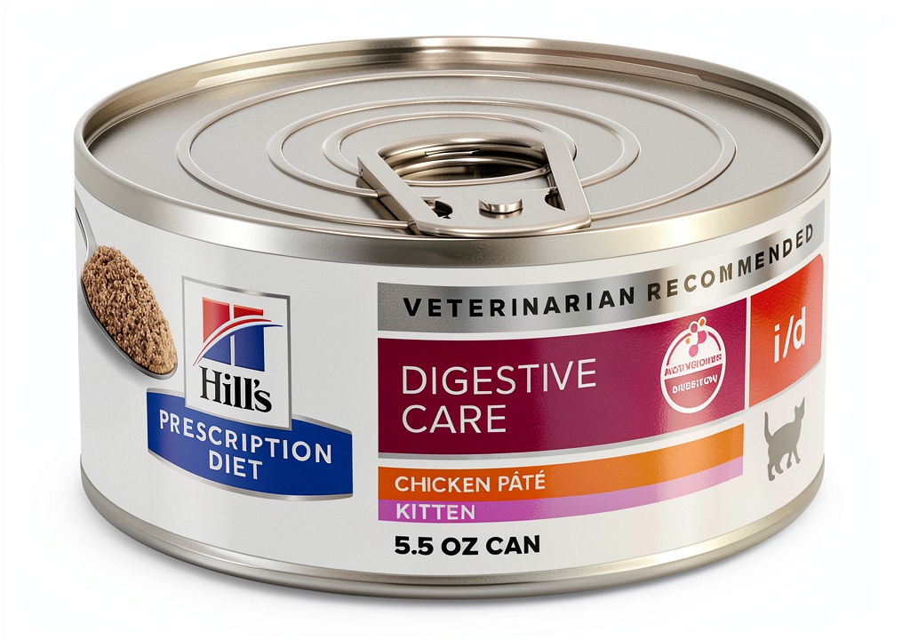Hill's Prescription Diet i/d Kitten Wet Food can showing packaging and nutritional information