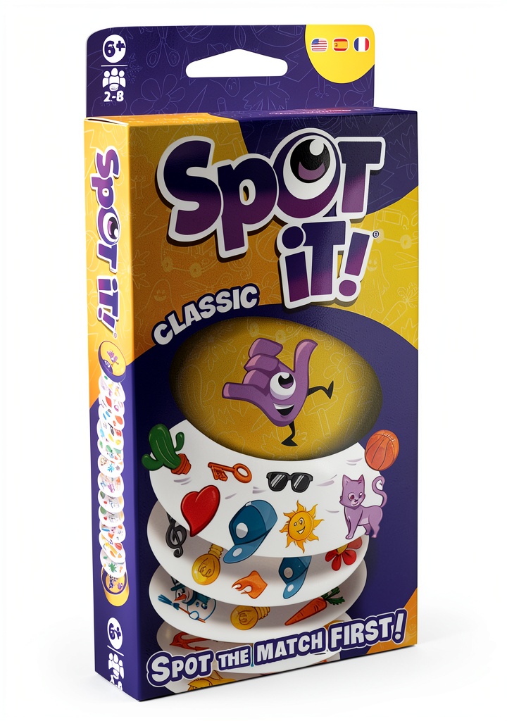 Spot It card game set showing colorful cards and symbols