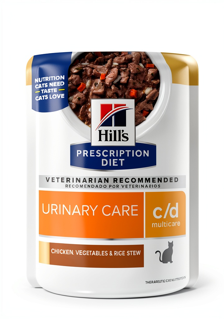 Hill's Prescription Diet c/d Multicare Urinary Care Stew pouch on a feeding bowl