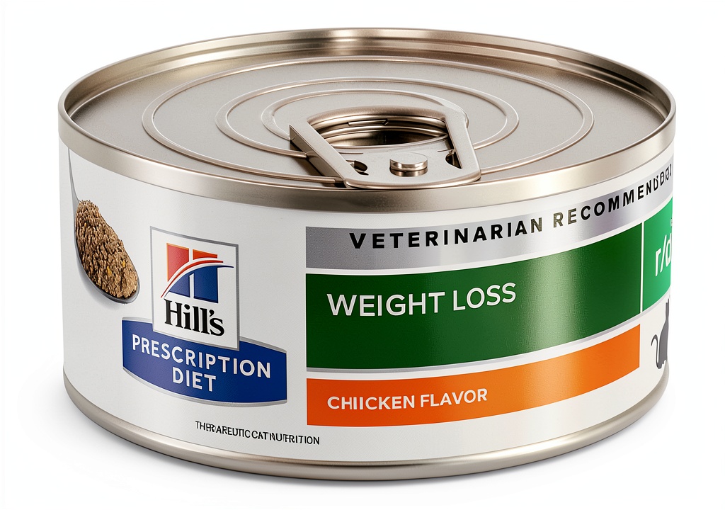 Close-up of Hill's Prescription Diet r/d Weight Reduction cat food being served in a ceramic bowl