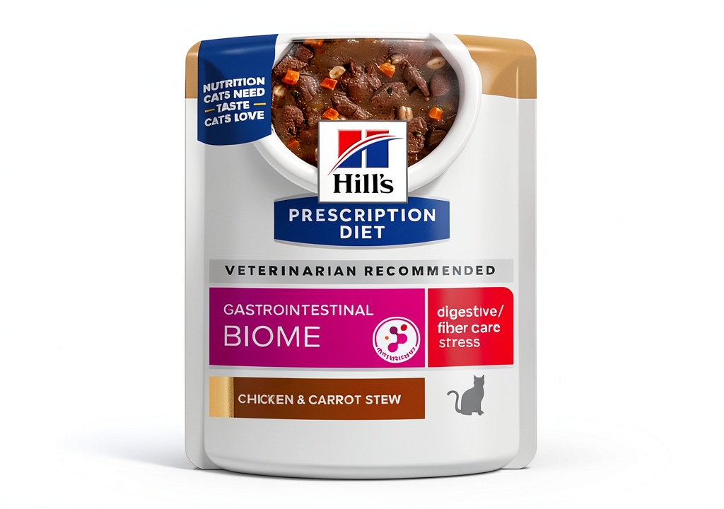 Hill's Prescription Diet Gastrointestinal wet cat food pouch on a counter