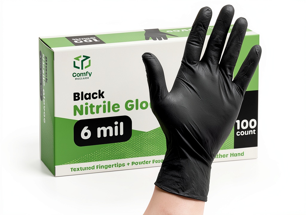 Black nitrile gloves in use for food preparation