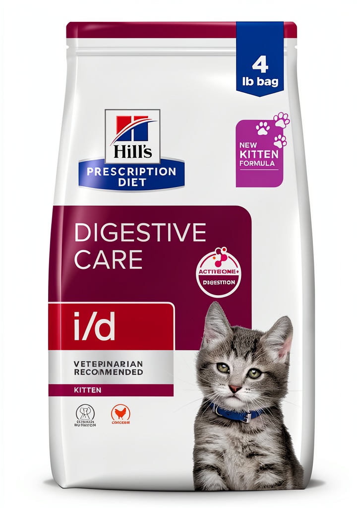 Hill's Prescription Diet i/d Kitten Dry Food package on a counter