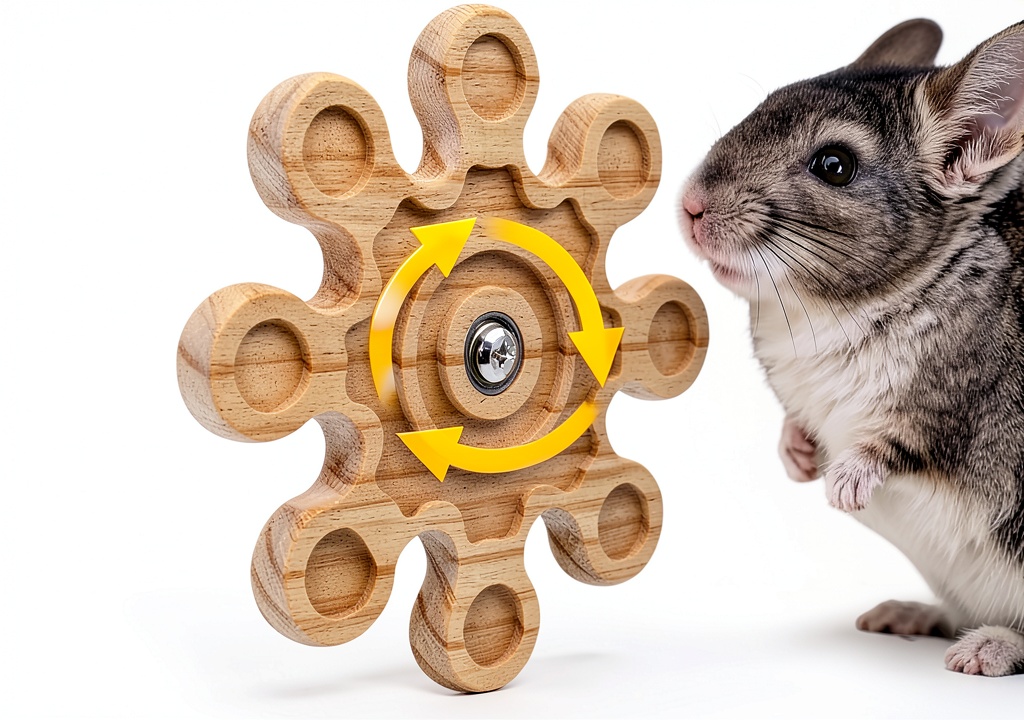 Chinchilla interacting with rotating wooden chew toy
