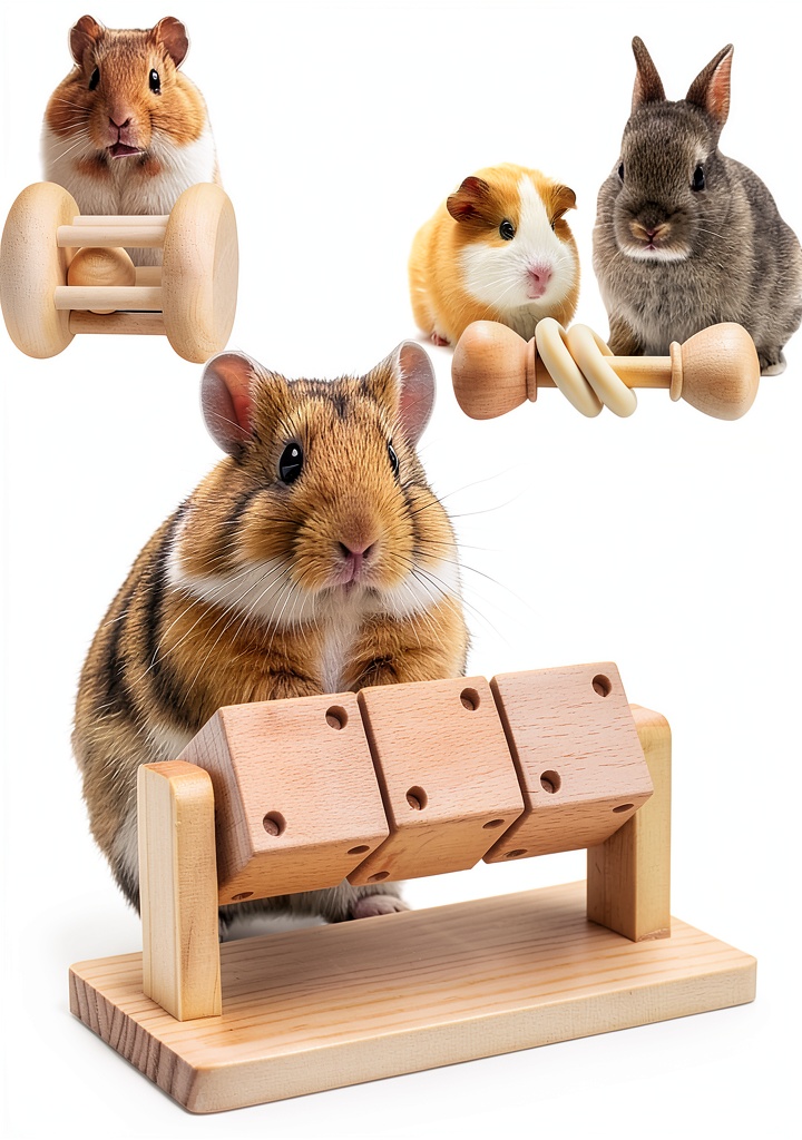 Hamster playing with rotating wood chew toy in a cage