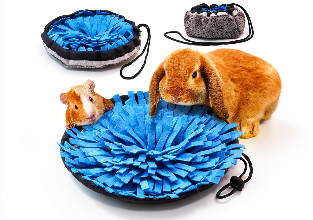 Rabbit interacting with OVERTANG foraging mat in a cage
