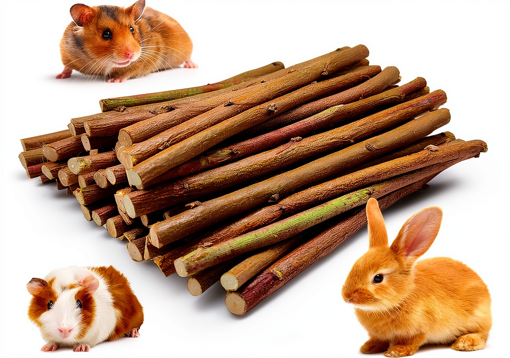 Small pet chewing on peach wood stick in a cage