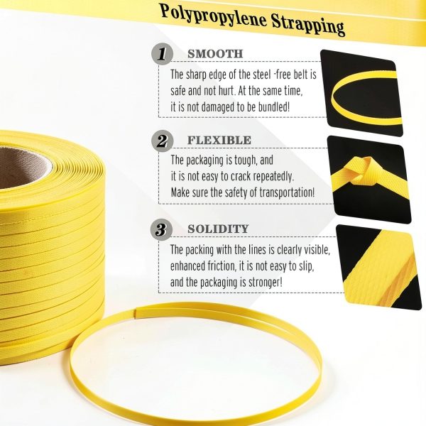 Poly Strapping, Packaging Banding Strap, Pallet Strapping Roll 3280' Length - Polypropylene Strapping 1/2" Width, 0.030" Thickness, 300 lbs Break Strength, Yellow Packing Straps-1