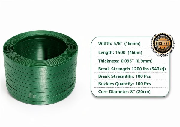 Packaging Strapping, Pallet Strapping, Banding Strapping Coil (5/8" x 1500 ft x 0.035" PET Polyester Strapping and 100 Buckles) - Heavy-Duty Certified 1200 lbs Break Plastic Strap-2