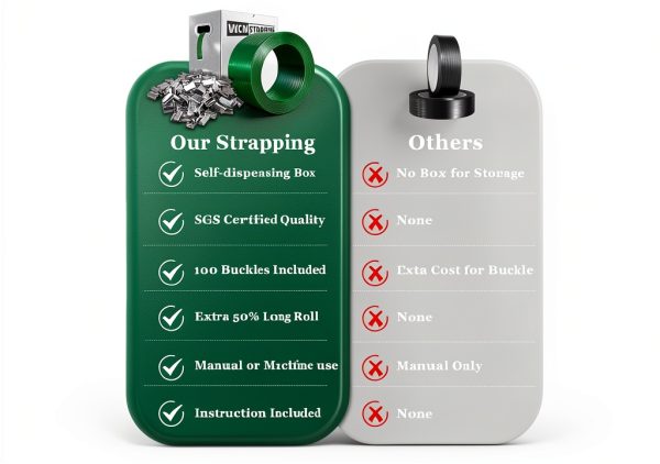 Packaging Strapping, Pallet Strapping, Banding Strapping Coil (5/8" x 1500 ft x 0.035" PET Polyester Strapping and 100 Buckles) - Heavy-Duty Certified 1200 lbs Break Plastic Strap-4