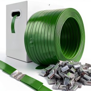 Packaging Strapping, Pallet Strapping, Banding Strapping Coil (5/8" x 1500 ft x 0.035" PET Polyester Strapping and 100 Buckles) - Heavy-Duty Certified 1200 lbs Break Plastic Strap-0